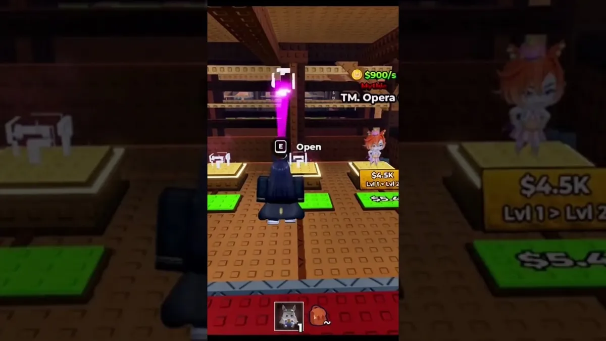 Barn pad footage for TM Opera O: the nameplate reads Mythic with a $900/s cash ticker, next to the pad upgrade prices.